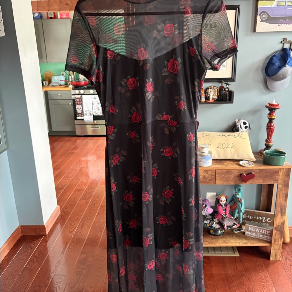 Sheer Black Maxi Dress with Red Rose overlay